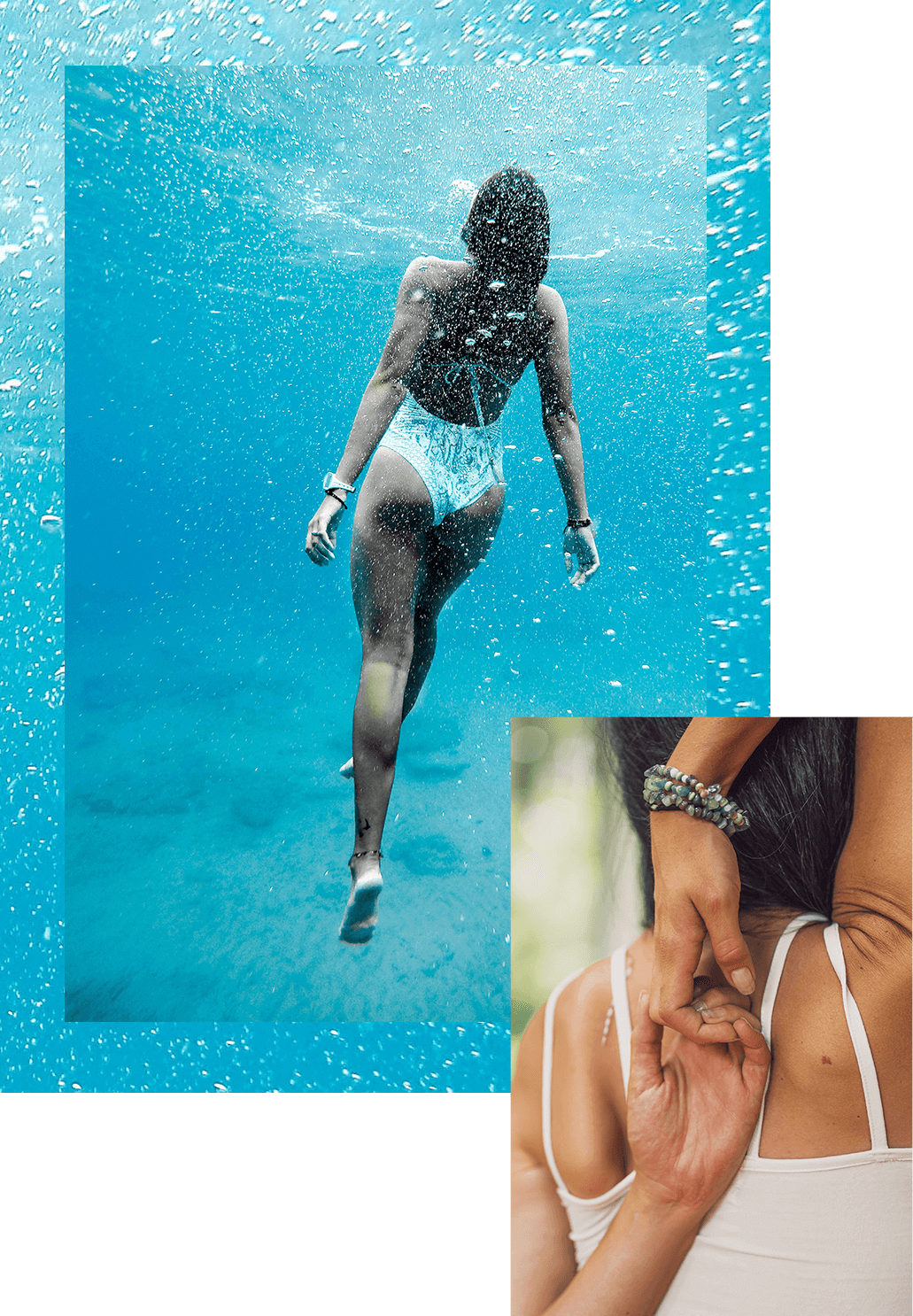 Two images overlap: underwater photo of woman swimming, covered partially by woman stretching her arms