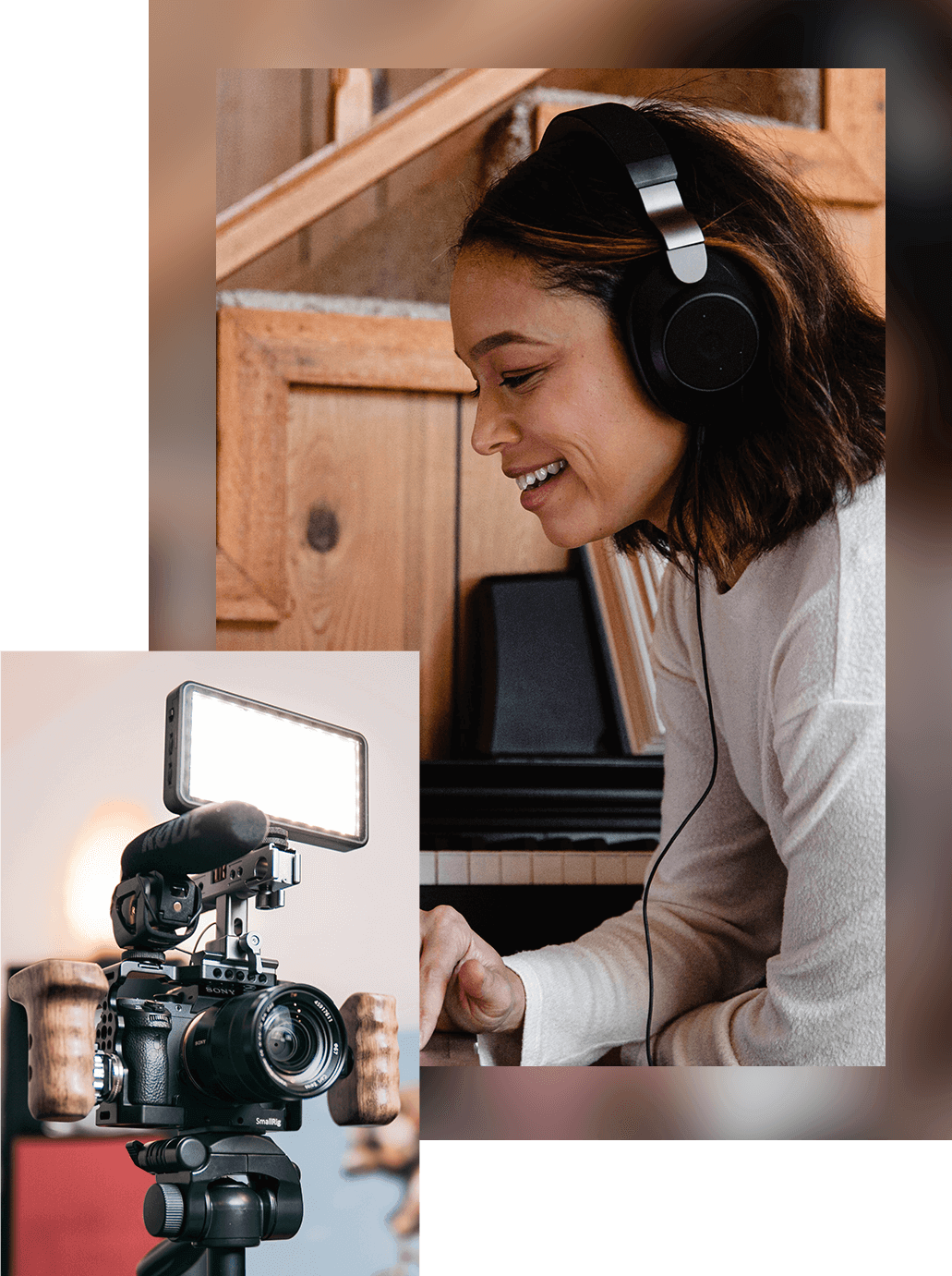 Woman working on photography project with headphones on